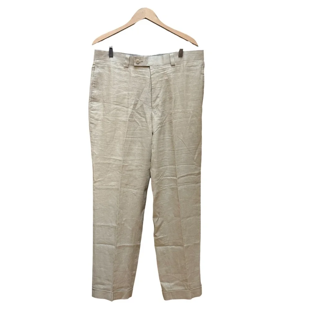 Calvin Klein Pants Mens 34 Beige Linen Flat Front Cuffed Dress Trousers Summer